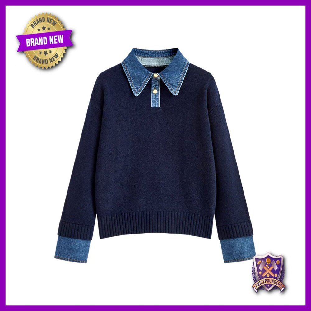 Oversized Knit Sweater Denim Collar Polo Button Pullover Long Sleeve Chic